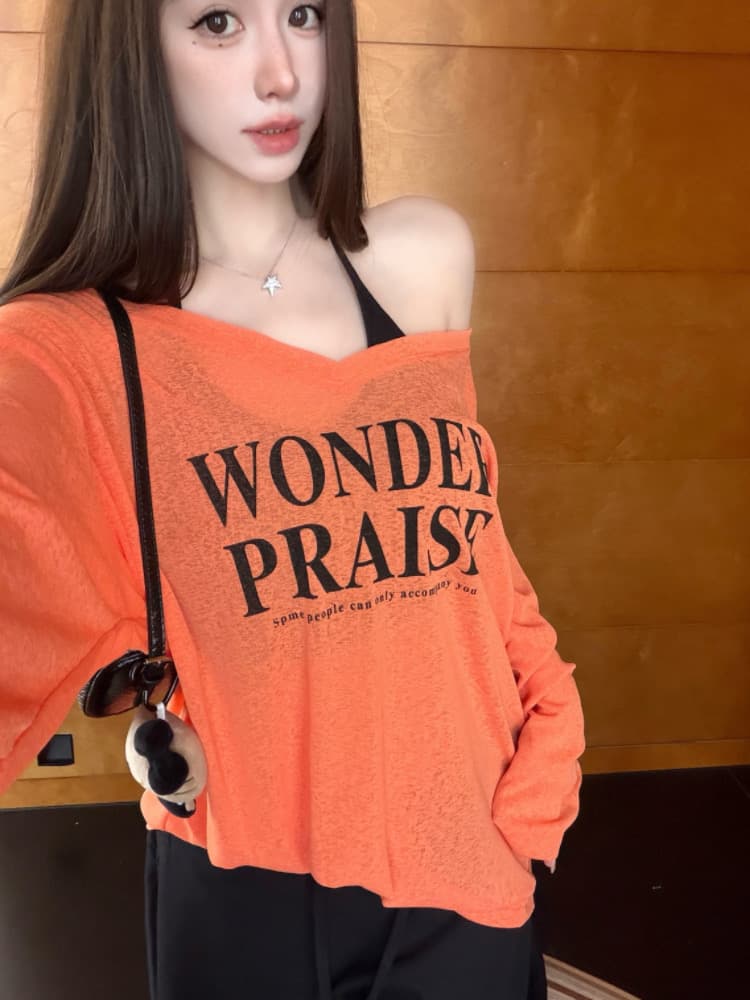 실사 감소되지 않음 느긋한 루즈핏 알파벳 프린트 긴팔 여성 이른 가을 티셔츠 블라우스 투피스 세트 맨위 상세 이미지 37