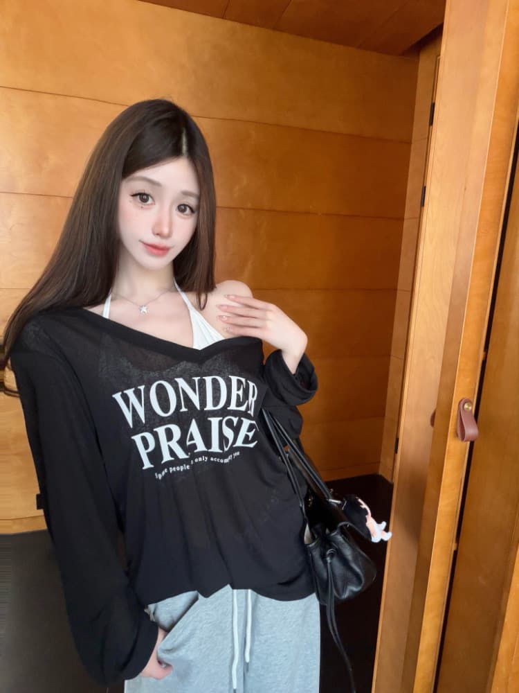 실사 감소되지 않음 느긋한 루즈핏 알파벳 프린트 긴팔 여성 이른 가을 티셔츠 블라우스 투피스 세트 맨위 상세 이미지 39