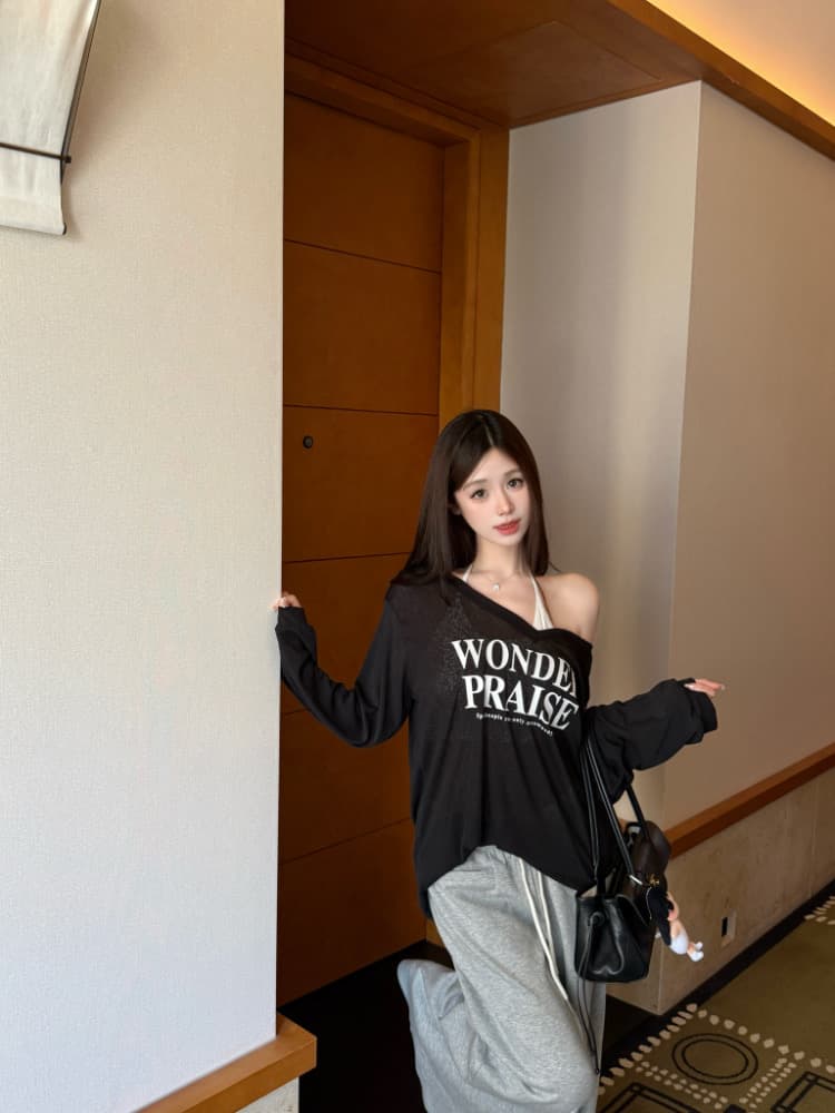 실사 감소되지 않음 느긋한 루즈핏 알파벳 프린트 긴팔 여성 이른 가을 티셔츠 블라우스 투피스 세트 맨위 상세 이미지 41
