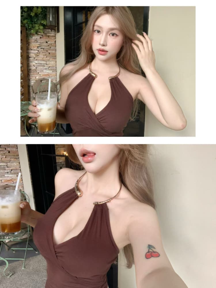 실사 감소되지 않음 핫걸 깊은 V 넥 패치워크 골드 칼라 행침 목 조끼 여성 몸매 가꾸기 다용도 맨위 상세 이미지 23
