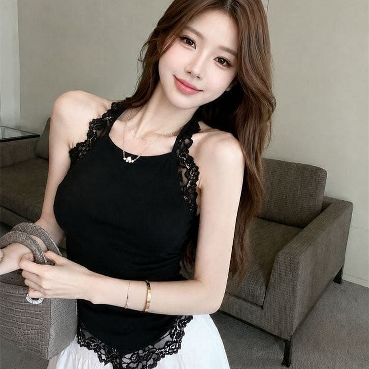 비 실사 감소되지 않음 불규칙 레이스 조각 민소매 행침 목 조끼 몸매 가꾸기 백리스 외출용 맨위 상세 이미지 11