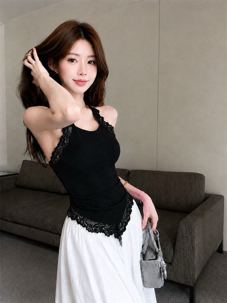 비 실사 감소되지 않음 불규칙 레이스 조각 민소매 행침 목 조끼 몸매 가꾸기 백리스 외출용 맨위 상세 이미지 12