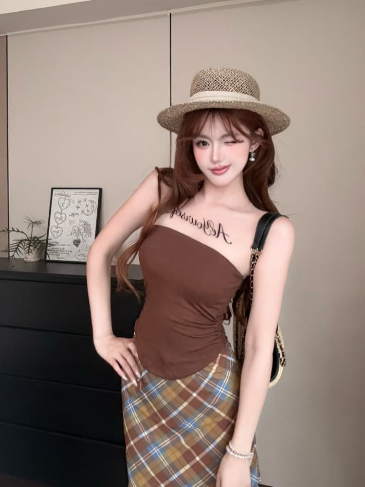실사 감소되지 않음 핫걸 망사 패치워크 알파벳 프린트 조끼 벨트 바스트 민소매 맨위 상세 이미지 11
