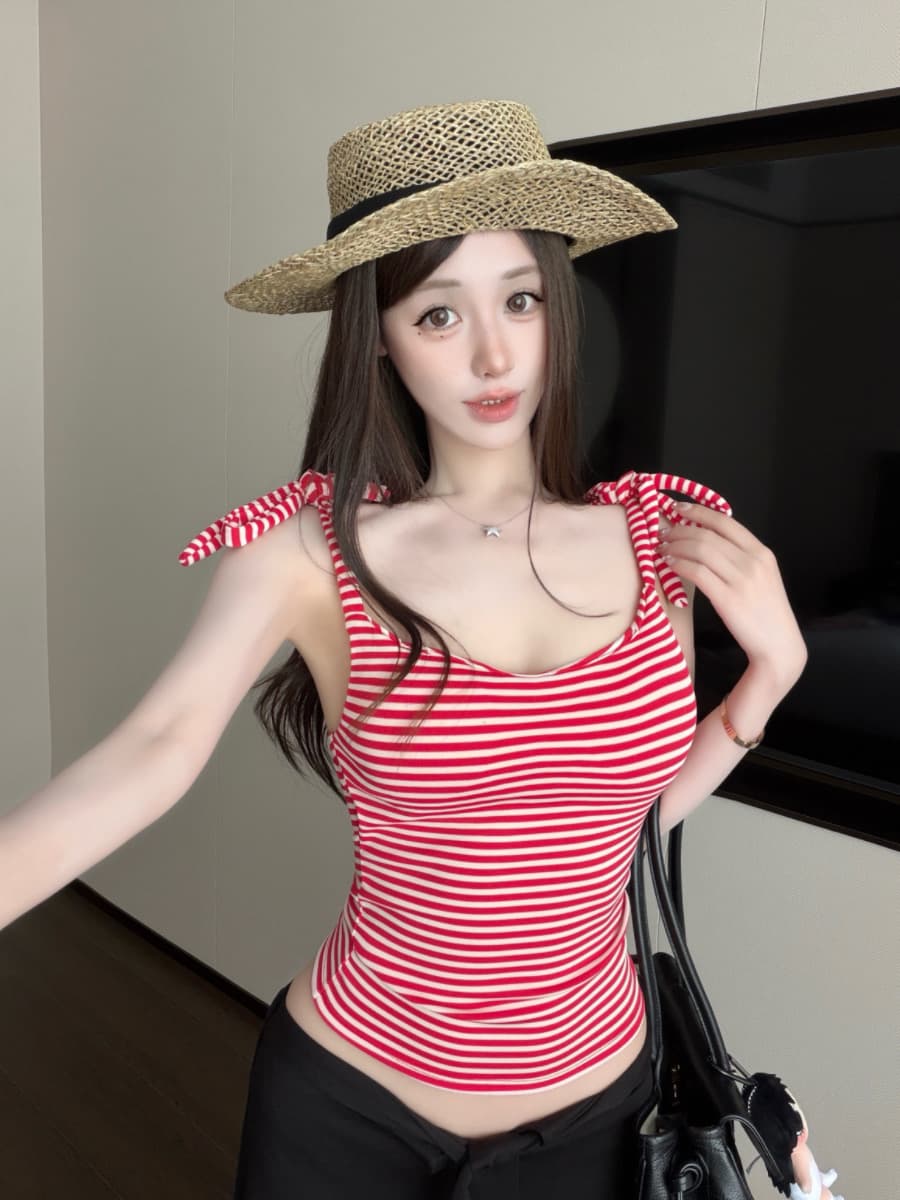 실사 감소되지 않음 핫걸 레이스업 스트라이프 캐미솔 여름 몸매 가꾸기 다용도 벨트 가슴 패드 의류 이미지 4