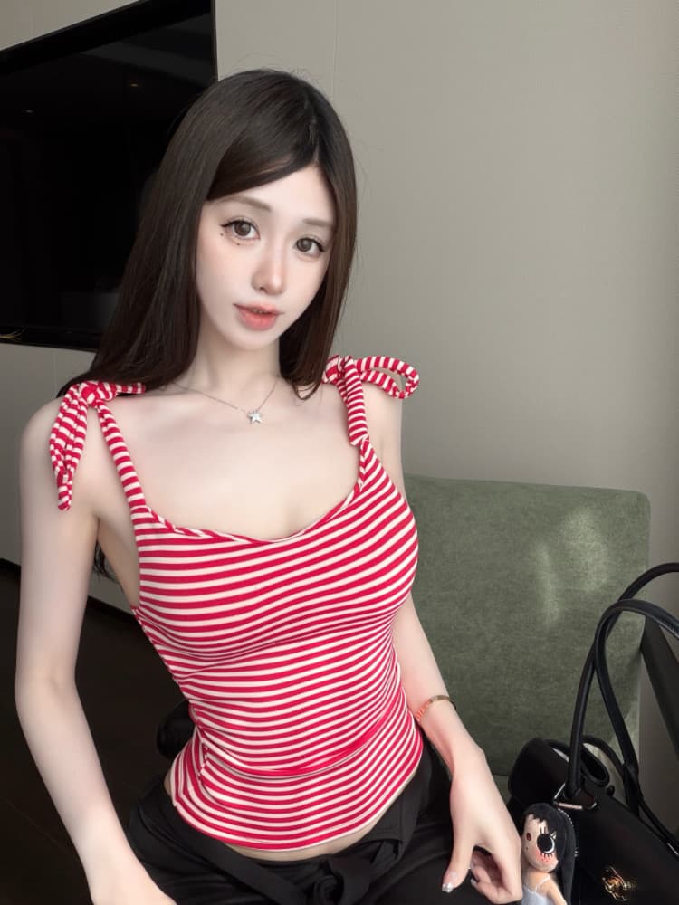 실사 감소되지 않음 핫걸 레이스업 스트라이프 캐미솔 여름 몸매 가꾸기 다용도 벨트 가슴 패드 의류 상세 이미지 3