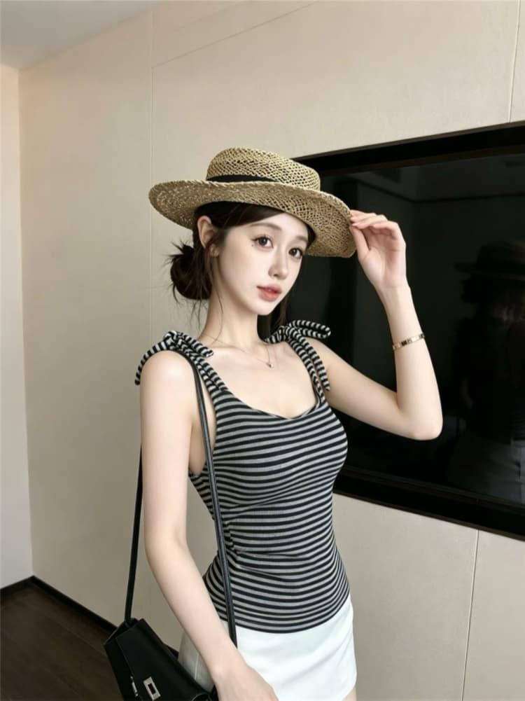 실사 감소되지 않음 핫걸 레이스업 스트라이프 캐미솔 여름 몸매 가꾸기 다용도 벨트 가슴 패드 의류 상세 이미지 10