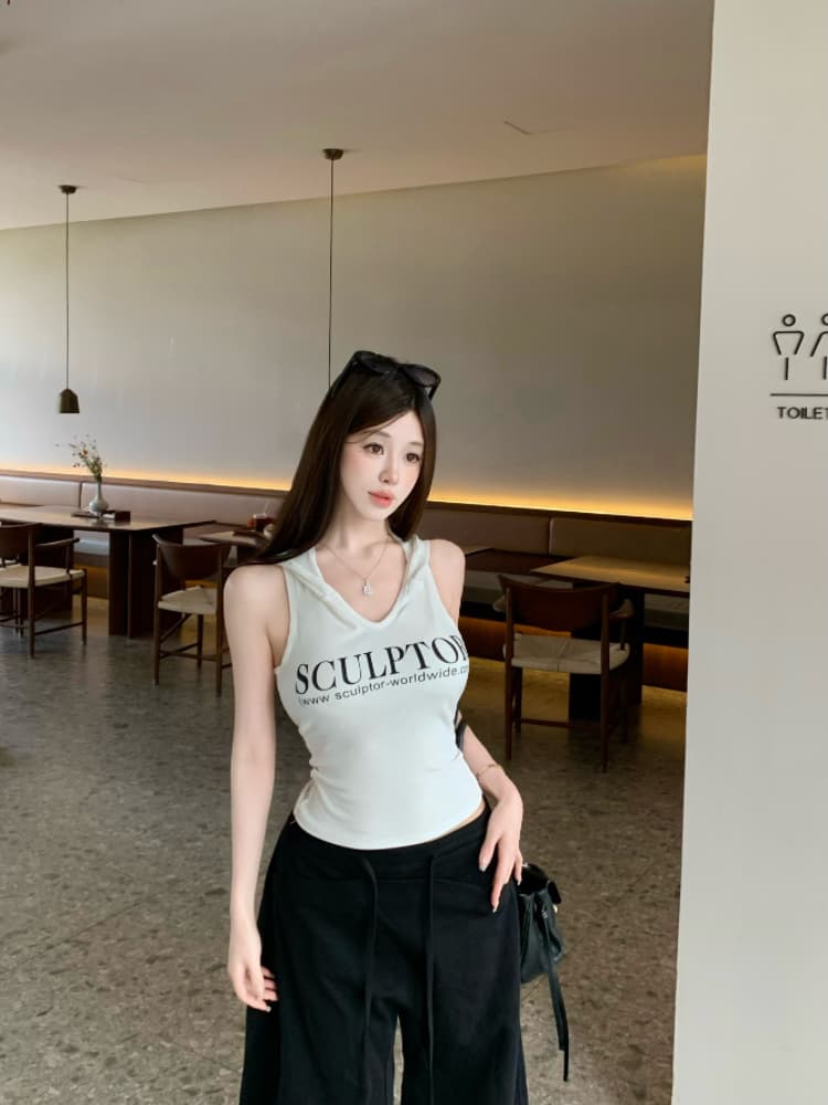 실사 감소되지 않음 아메리칸 알파벳 프린트 후드 조끼 여성 외출용 핫걸 몸매 가꾸기 민소매 맨위 상세 이미지 5