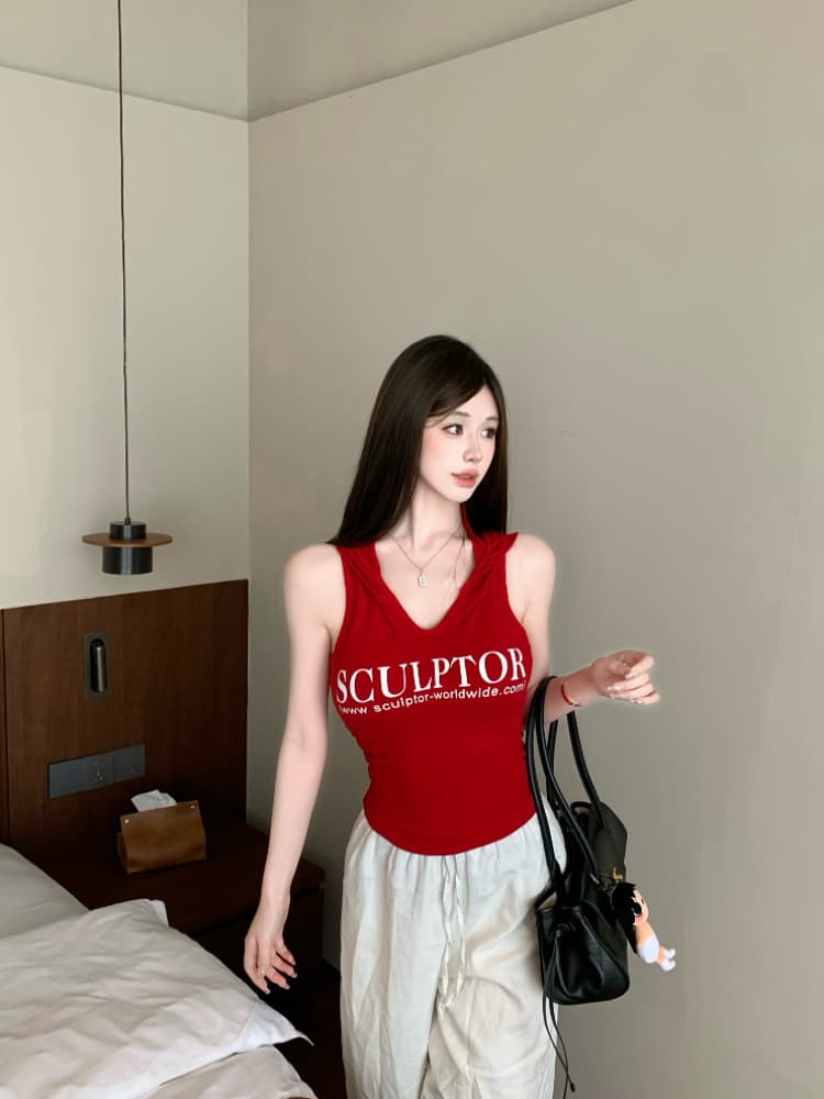 실사 감소되지 않음 아메리칸 알파벳 프린트 후드 조끼 여성 외출용 핫걸 몸매 가꾸기 민소매 맨위 상세 이미지 15