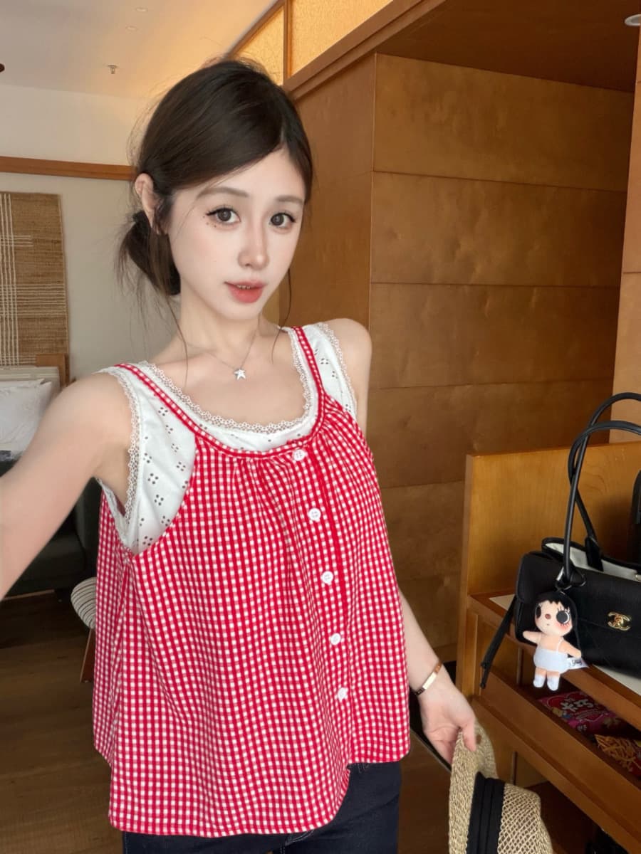 실사 감소되지 않음 해변가 착용 가져 가라. 체크무늬 캐미솔 여름 작은 키 페이크 레이어드 민소매 맨위 이미지 2
