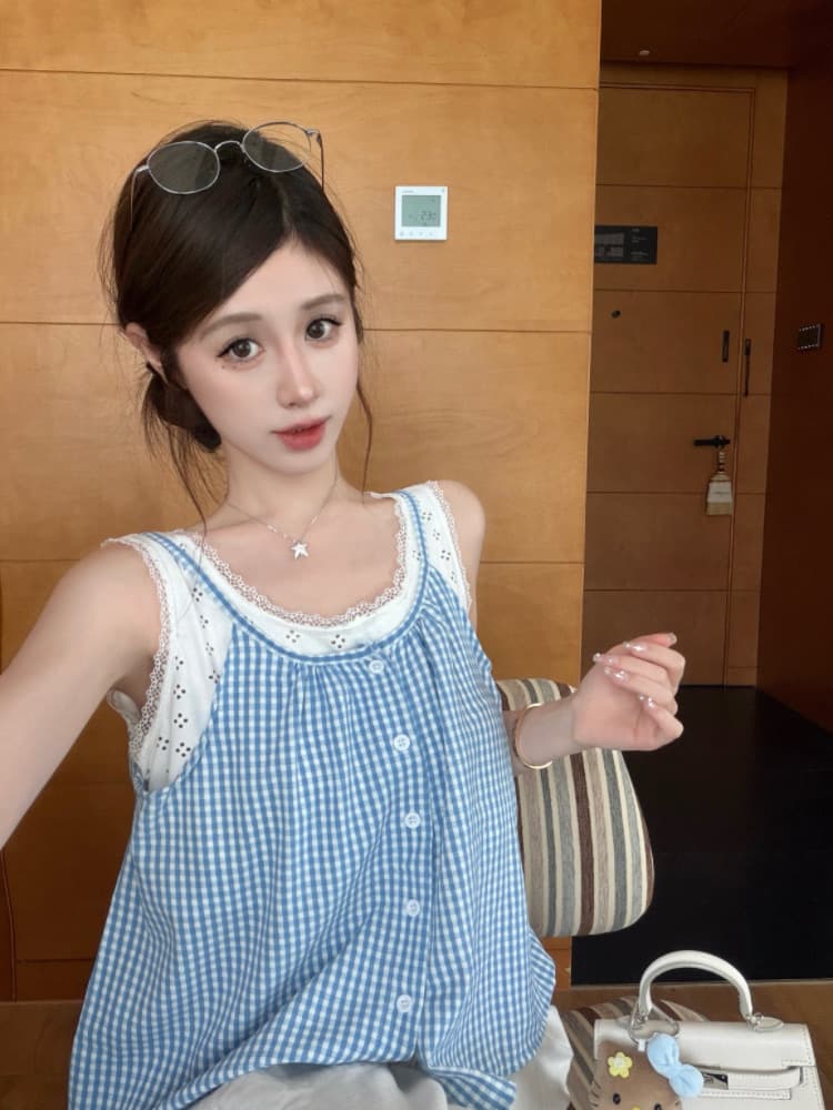 실사 감소되지 않음 해변가 착용 가져 가라. 체크무늬 캐미솔 여름 작은 키 페이크 레이어드 민소매 맨위 상세 이미지 4