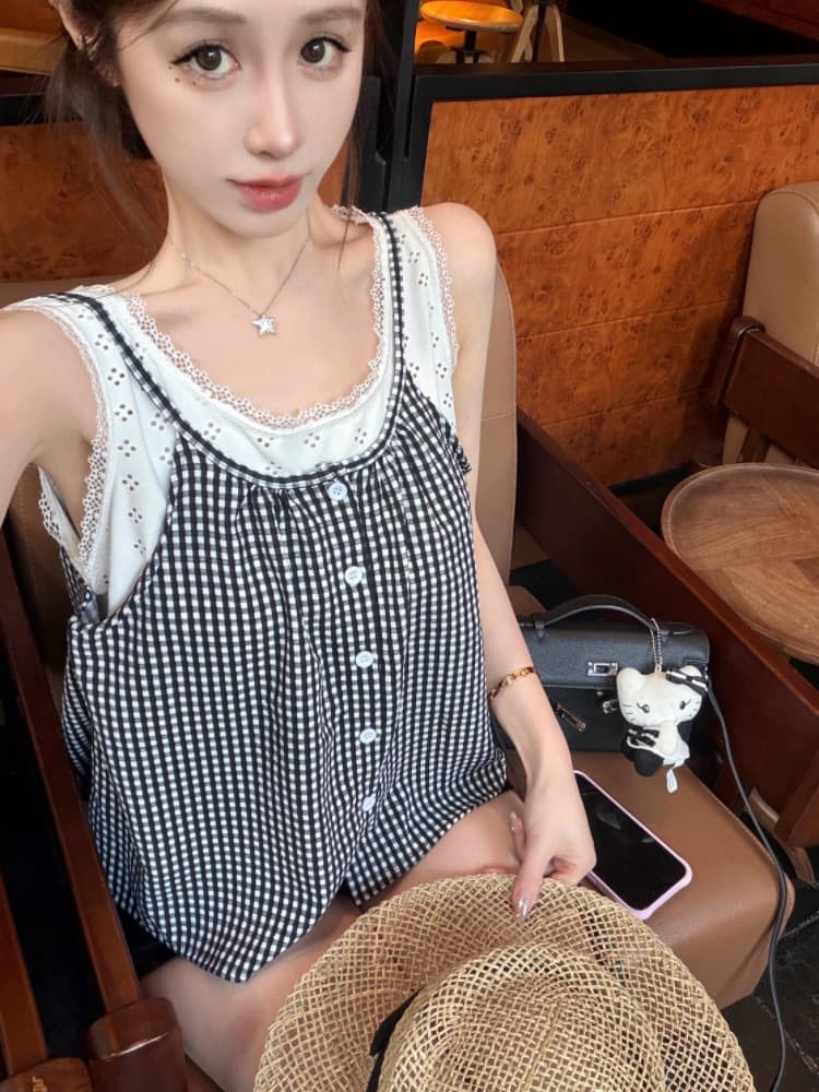 실사 감소되지 않음 해변가 착용 가져 가라. 체크무늬 캐미솔 여름 작은 키 페이크 레이어드 민소매 맨위 상세 이미지 12