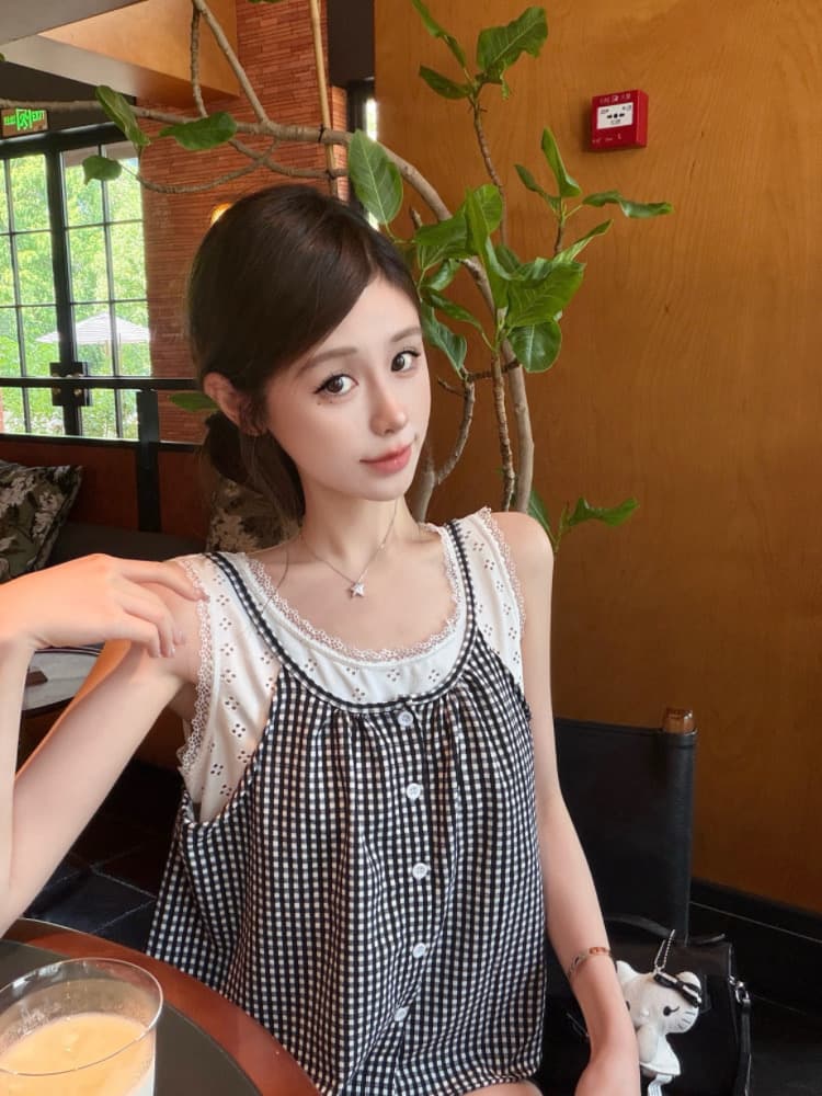 실사 감소되지 않음 해변가 착용 가져 가라. 체크무늬 캐미솔 여름 작은 키 페이크 레이어드 민소매 맨위 상세 이미지 16