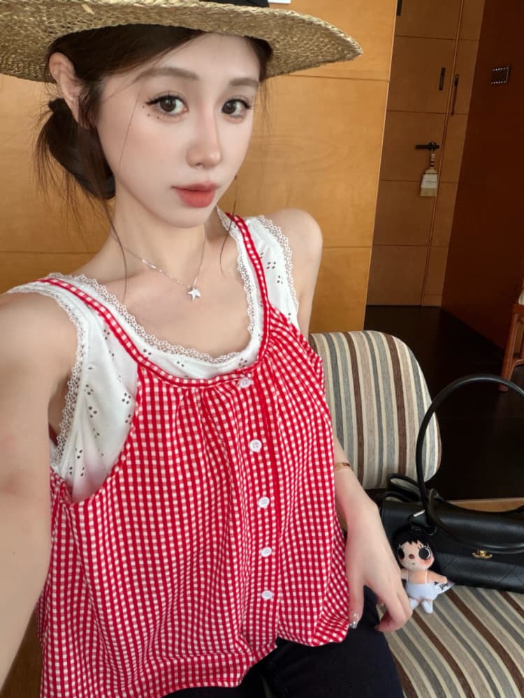 실사 감소되지 않음 해변가 착용 가져 가라. 체크무늬 캐미솔 여름 작은 키 페이크 레이어드 민소매 맨위 상세 이미지 18