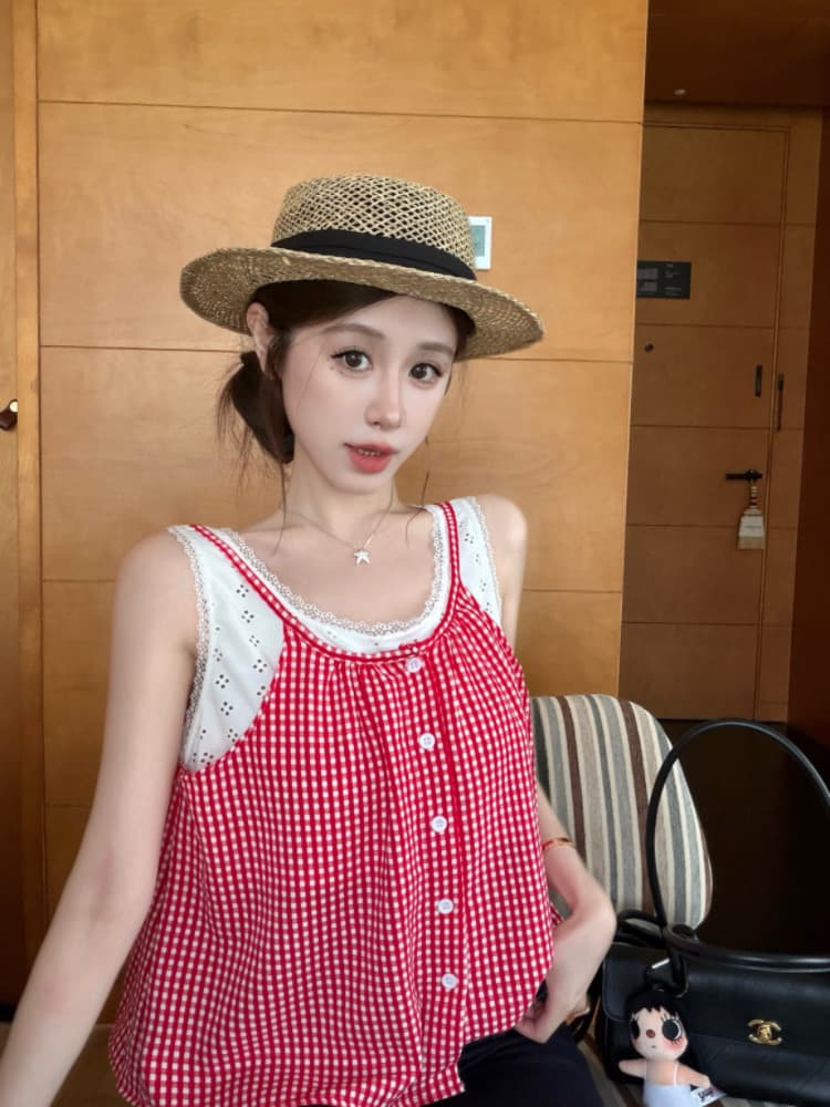 실사 감소되지 않음 해변가 착용 가져 가라. 체크무늬 캐미솔 여름 작은 키 페이크 레이어드 민소매 맨위 상세 이미지 19