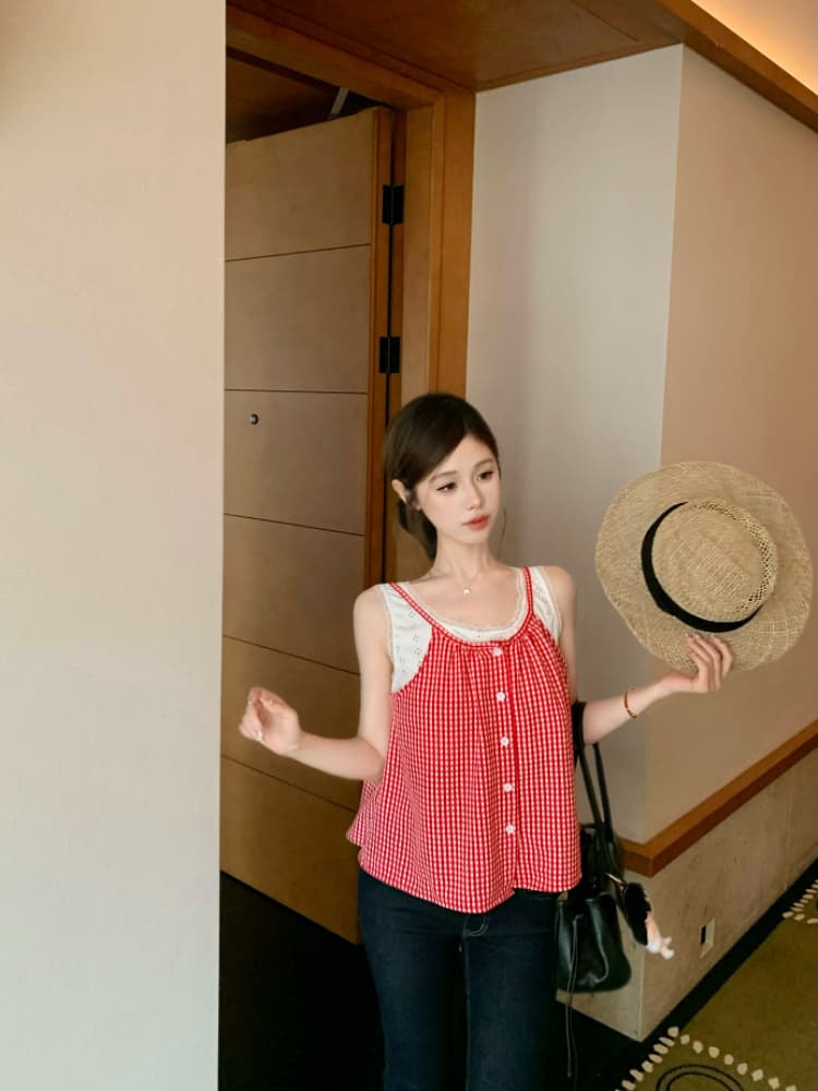 실사 감소되지 않음 해변가 착용 가져 가라. 체크무늬 캐미솔 여름 작은 키 페이크 레이어드 민소매 맨위 상세 이미지 21