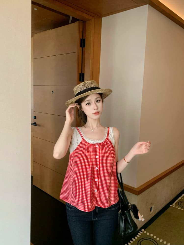 실사 감소되지 않음 해변가 착용 가져 가라. 체크무늬 캐미솔 여름 작은 키 페이크 레이어드 민소매 맨위 상세 이미지 22