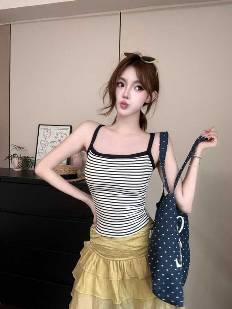 실사 감소되지 않음 핫걸 스트라이프 캐미솔 여름 몸매 가꾸기 다용도 민소매 맨위 상세 이미지 5