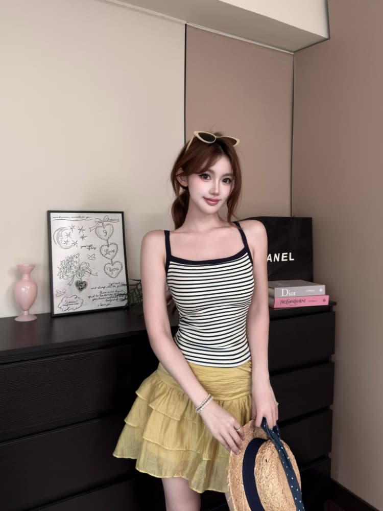 실사 감소되지 않음 핫걸 스트라이프 캐미솔 여름 몸매 가꾸기 다용도 민소매 맨위 상세 이미지 7