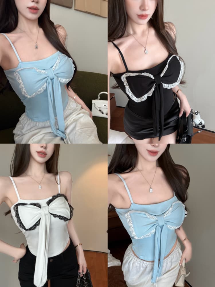 실사 감소되지 않음 나비 매듭 배색 캐미솔 여름 외출용 핫걸 몸매 가꾸기 민소매 맨위 상세 이미지 1