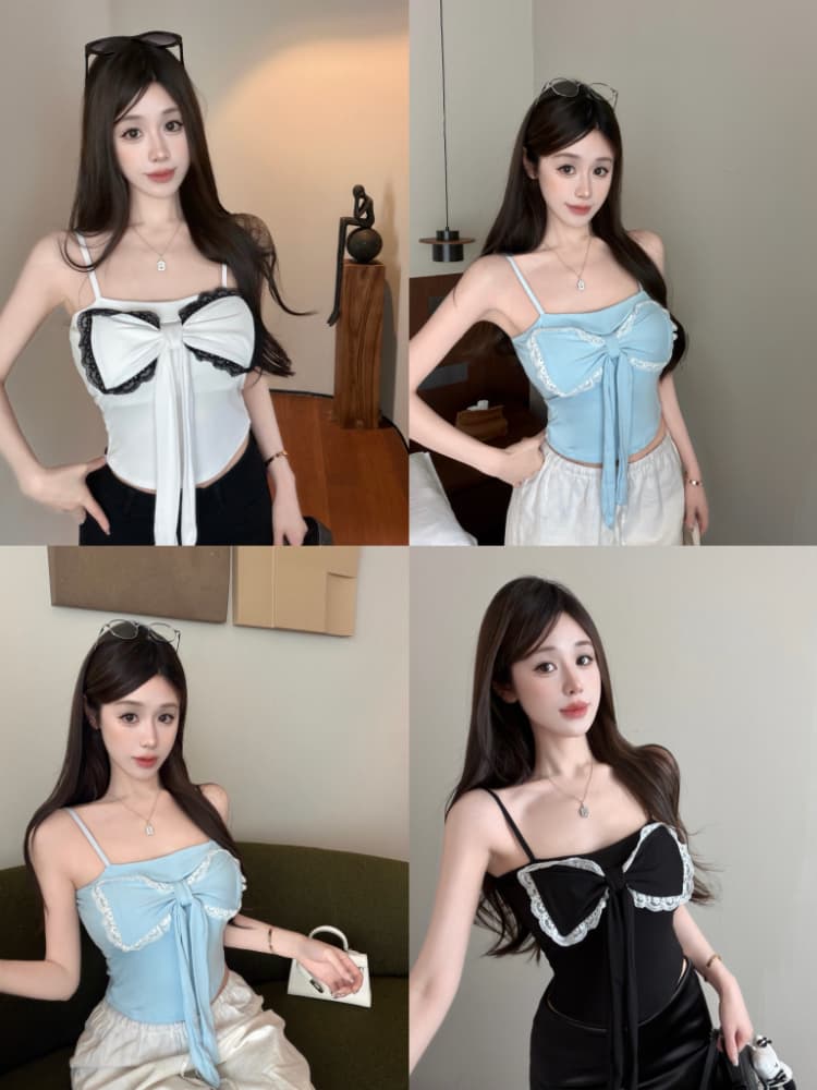 실사 감소되지 않음 나비 매듭 배색 캐미솔 여름 외출용 핫걸 몸매 가꾸기 민소매 맨위 상세 이미지 2