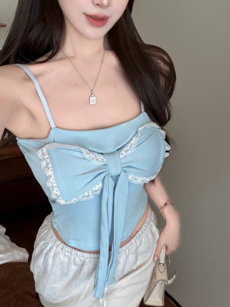 실사 감소되지 않음 나비 매듭 배색 캐미솔 여름 외출용 핫걸 몸매 가꾸기 민소매 맨위 상세 이미지 9