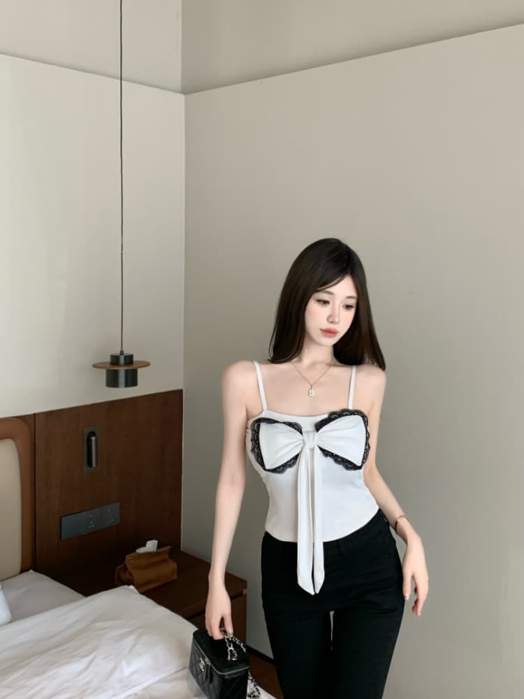 실사 감소되지 않음 나비 매듭 배색 캐미솔 여름 외출용 핫걸 몸매 가꾸기 민소매 맨위 상세 이미지 13