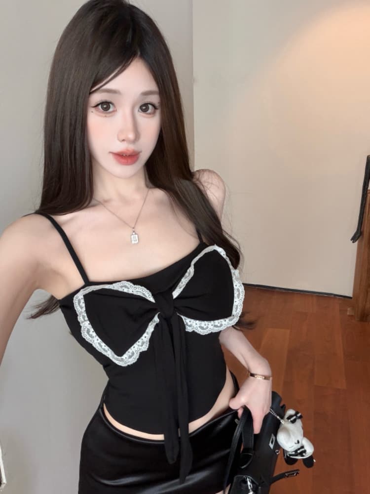 실사 감소되지 않음 나비 매듭 배색 캐미솔 여름 외출용 핫걸 몸매 가꾸기 민소매 맨위 상세 이미지 17