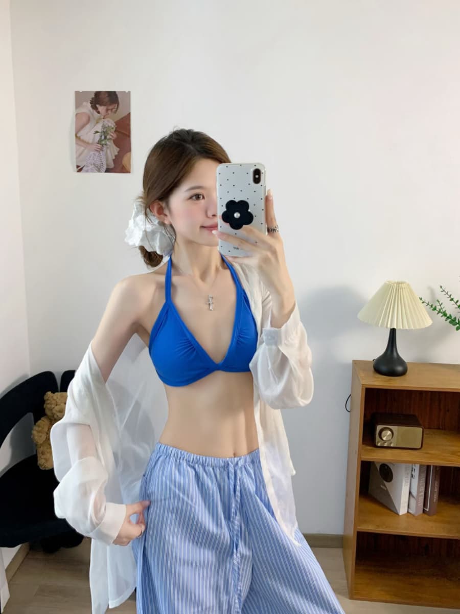 실사 감소되지 않음 프랑스식 삼각형 컵 비키니 행침 목 포장 가슴 튜브탑 속옷 이미지 3