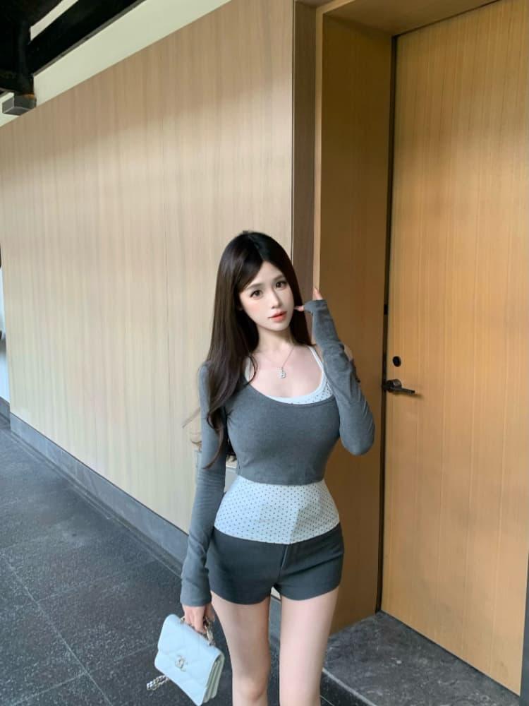 실사 감소되지 않음 가을 패션 투피스 세트 긴팔 반팔 티셔츠 도트 무늬 캐미솔 상세 이미지 18