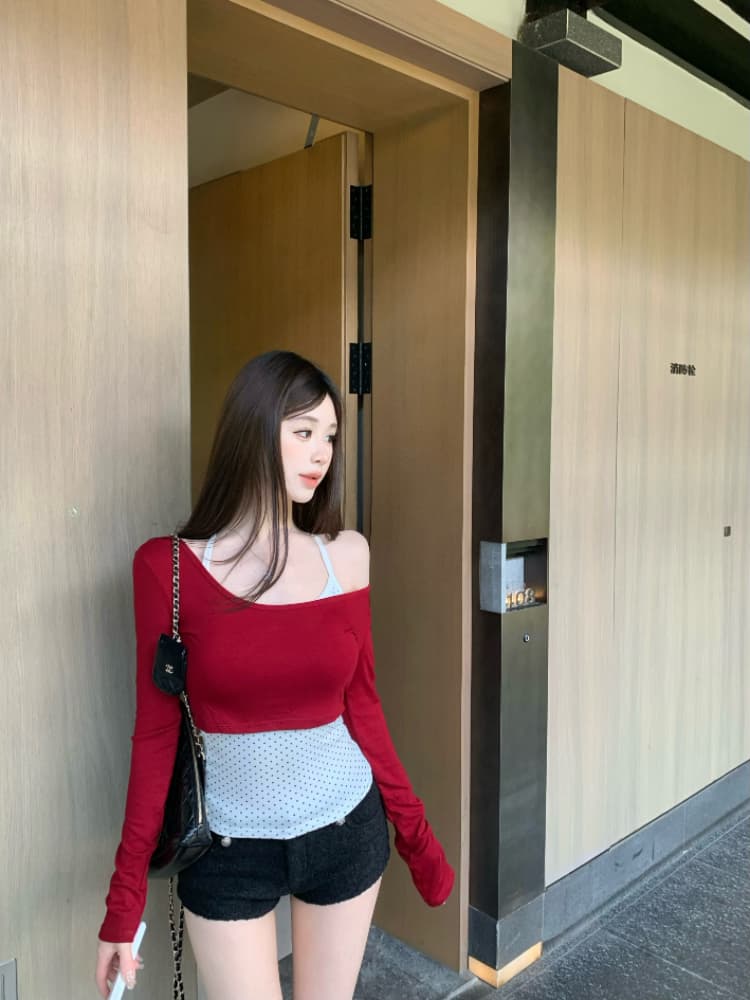 실사 감소되지 않음 가을 패션 투피스 세트 긴팔 반팔 티셔츠 도트 무늬 캐미솔 상세 이미지 21