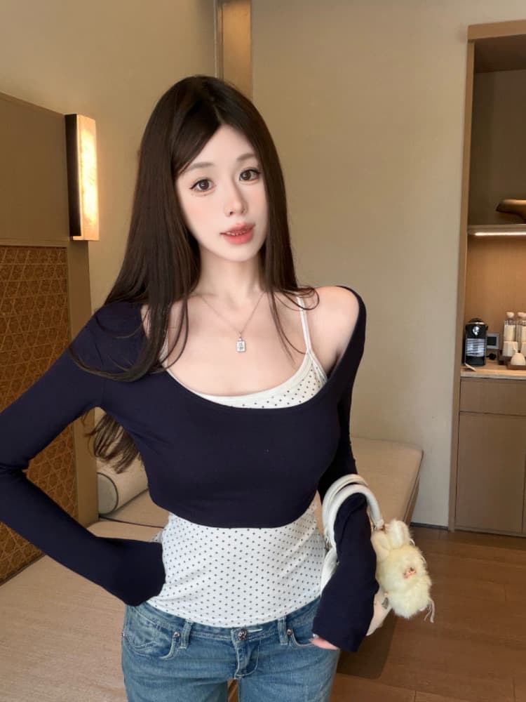 실사 감소되지 않음 가을 패션 투피스 세트 긴팔 반팔 티셔츠 도트 무늬 캐미솔 상세 이미지 26