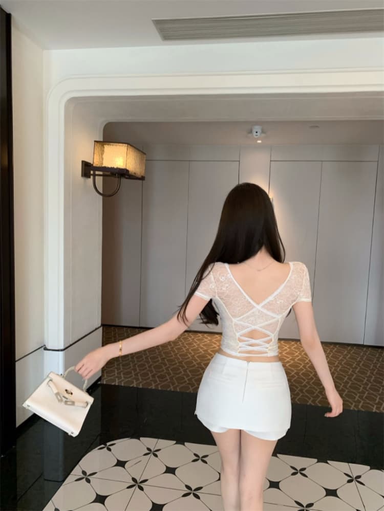 실사 감소되지 않음 나비 매듭 V넥 레이스 반팔 티셔츠 여성 마이크로 ~을 통해 몸매 가꾸기 다용도 슬림해 보이는 맨위 상세 이미지 9