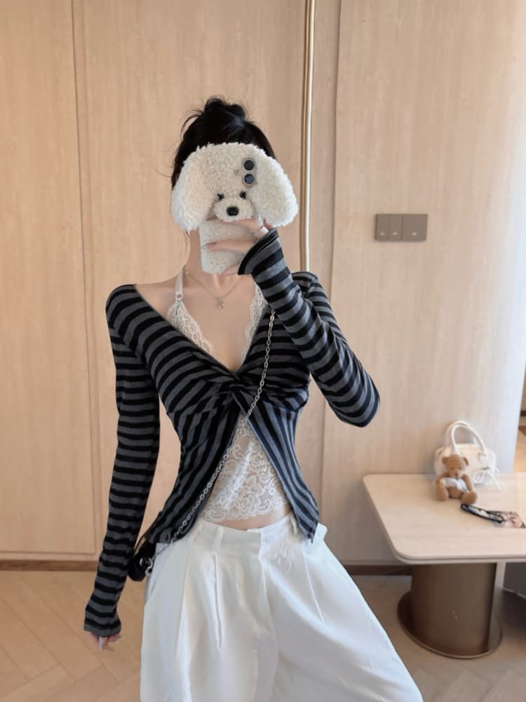 실사 감소되지 않음 가을 새로운 스트라이프 레이스 조각 페이크 레이어드 긴팔 티셔츠 상세 이미지 7