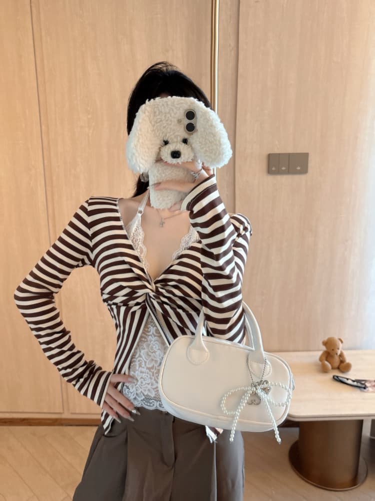 실사 감소되지 않음 가을 새로운 스트라이프 레이스 조각 페이크 레이어드 긴팔 티셔츠 상세 이미지 17