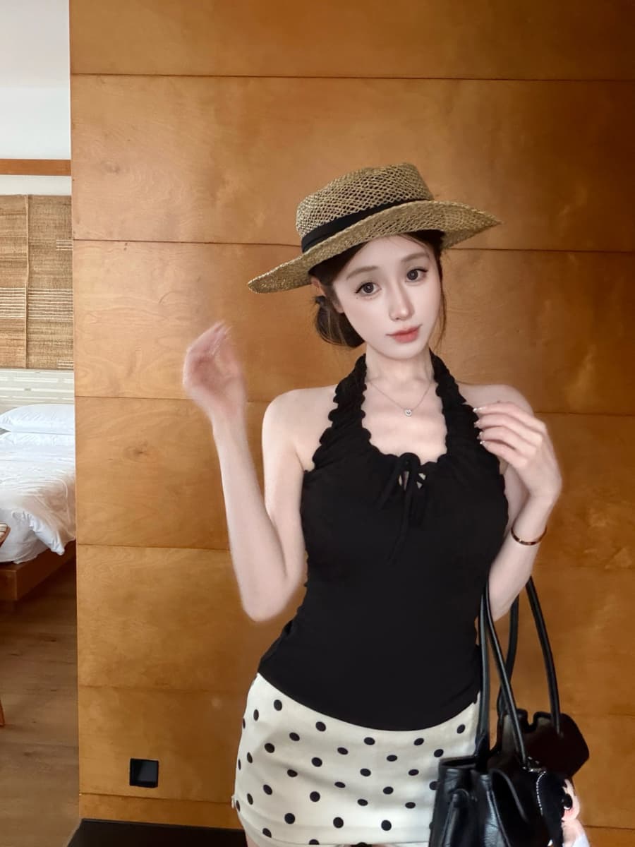 실사 감소되지 않음 달콤한 핫걸 프릴 행침 목 캐미솔 여름 몸매 가꾸기 다용도 외출용 맨위 이미지 3