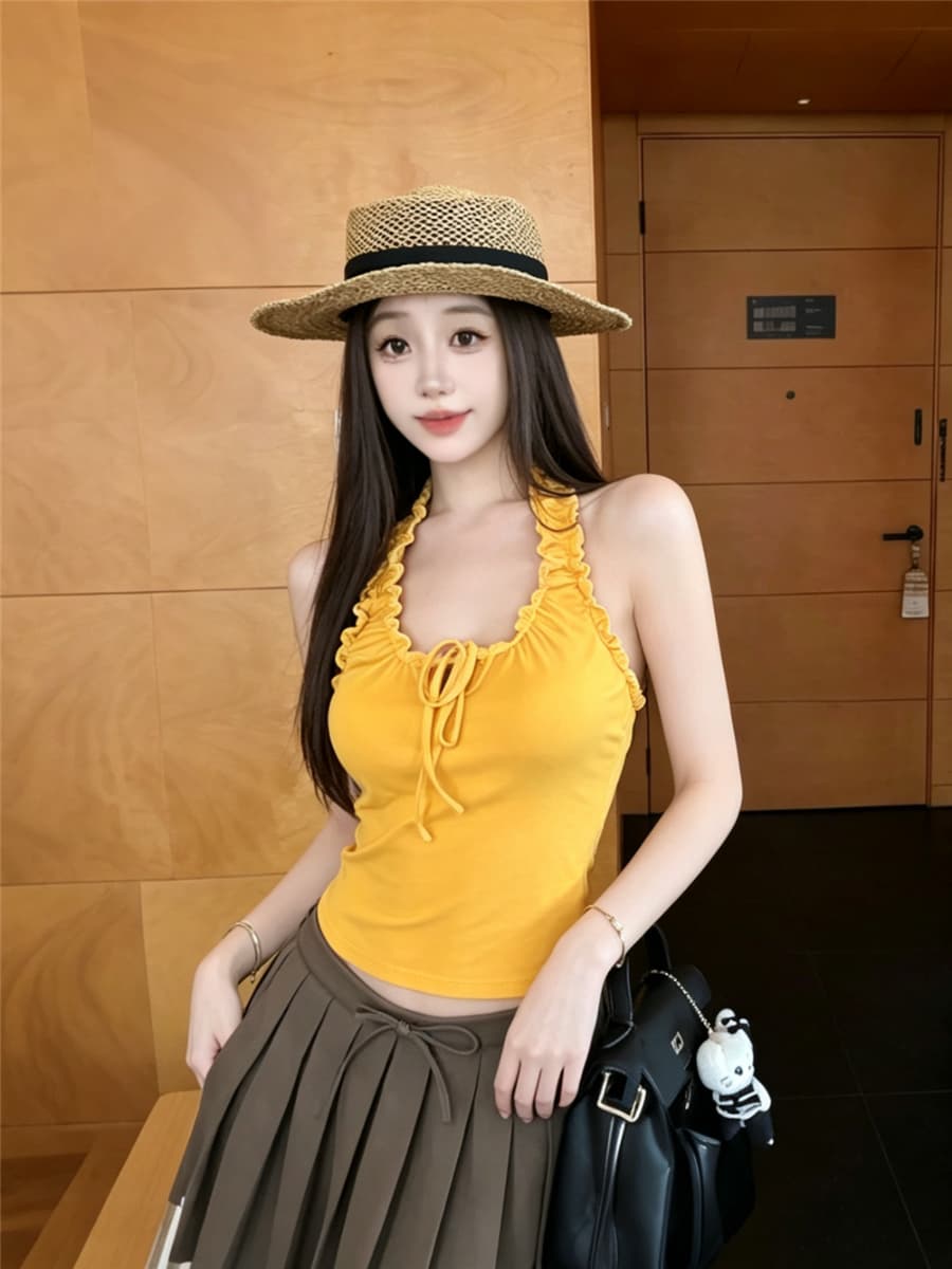 실사 감소되지 않음 달콤한 핫걸 프릴 행침 목 캐미솔 여름 몸매 가꾸기 다용도 외출용 맨위 이미지 4
