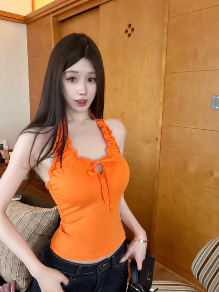 실사 감소되지 않음 달콤한 핫걸 프릴 행침 목 캐미솔 여름 몸매 가꾸기 다용도 외출용 맨위 상세 이미지 8
