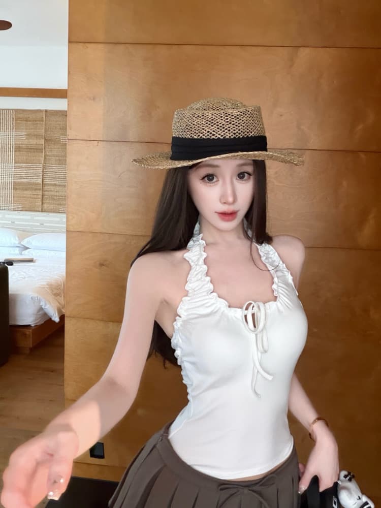 실사 감소되지 않음 달콤한 핫걸 프릴 행침 목 캐미솔 여름 몸매 가꾸기 다용도 외출용 맨위 상세 이미지 9