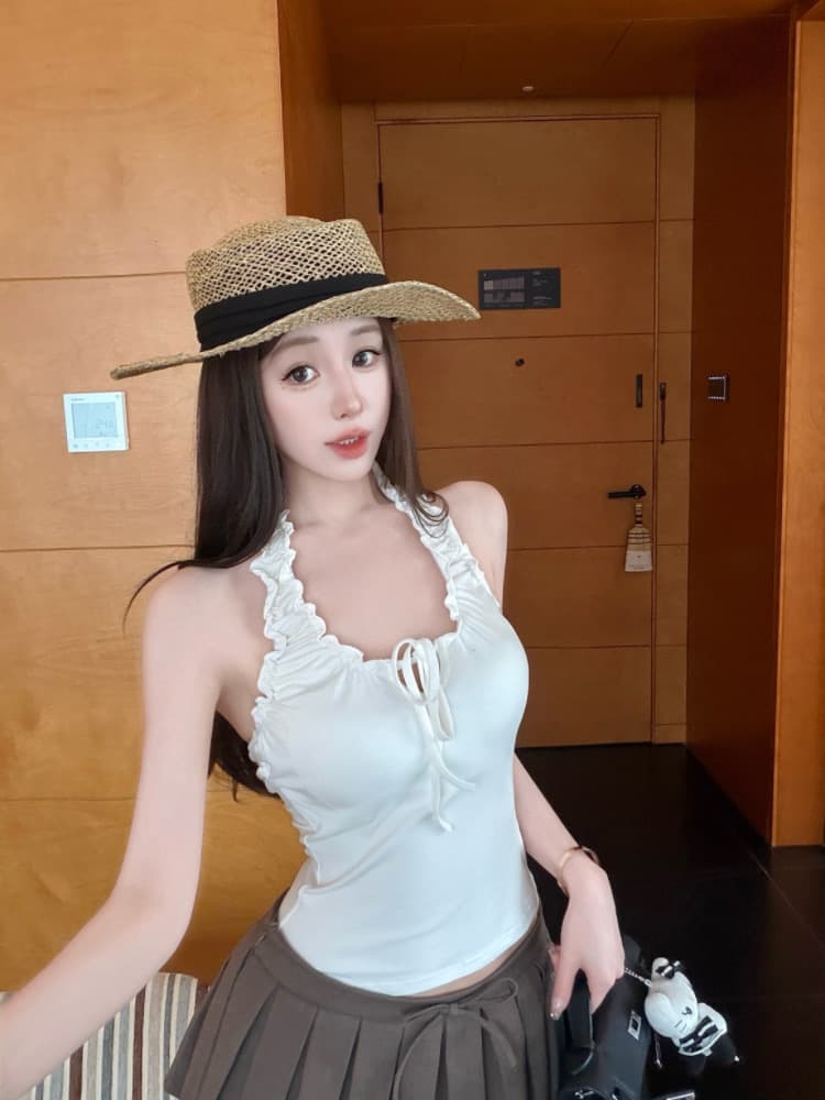 실사 감소되지 않음 달콤한 핫걸 프릴 행침 목 캐미솔 여름 몸매 가꾸기 다용도 외출용 맨위 상세 이미지 10