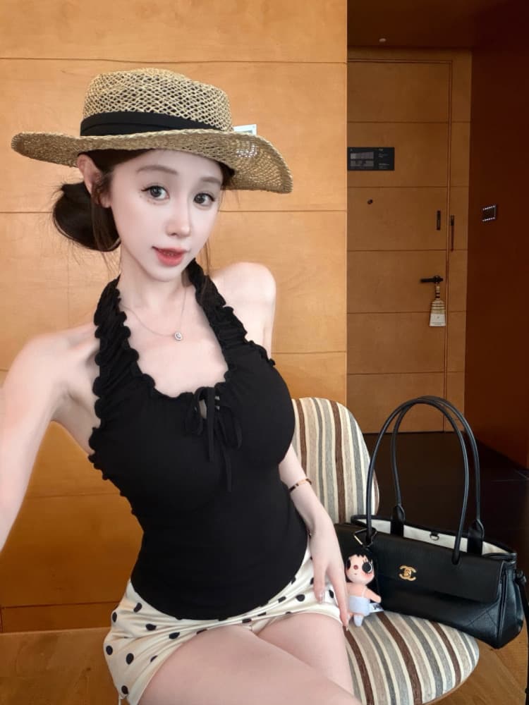실사 감소되지 않음 달콤한 핫걸 프릴 행침 목 캐미솔 여름 몸매 가꾸기 다용도 외출용 맨위 상세 이미지 16