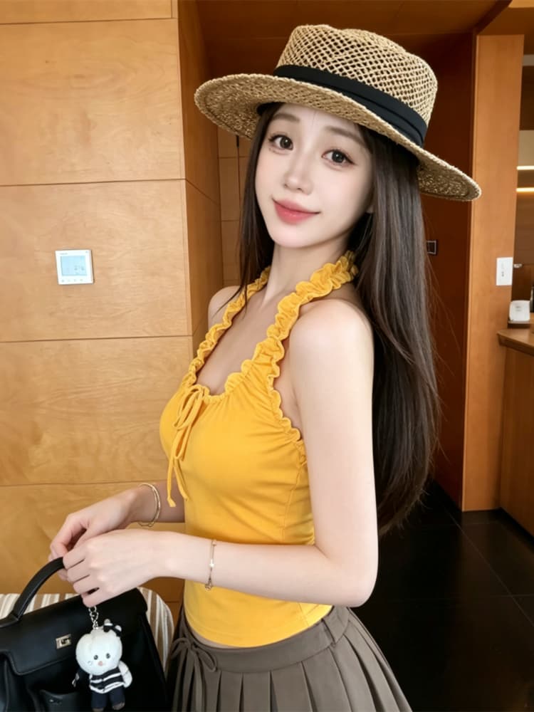 실사 감소되지 않음 달콤한 핫걸 프릴 행침 목 캐미솔 여름 몸매 가꾸기 다용도 외출용 맨위 상세 이미지 21