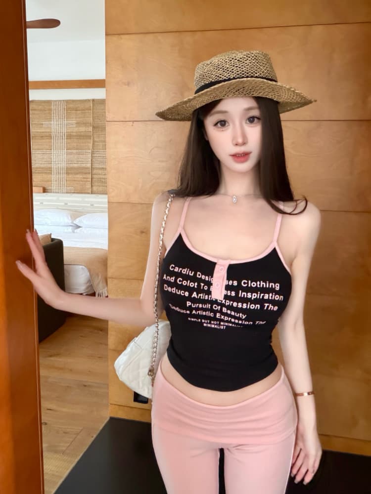 실사 감소되지 않음 핫걸 알파벳 프린트 단어 뒤로 캐미솔 상세 이미지 8