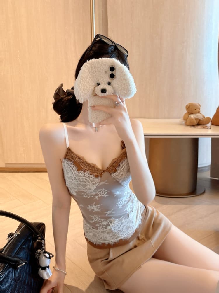 실사 감소되지 않음 순수한 욕망 핫걸 레이스 조각 캐미솔 페이크 레이어드 외출용 맨위 상세 이미지 25