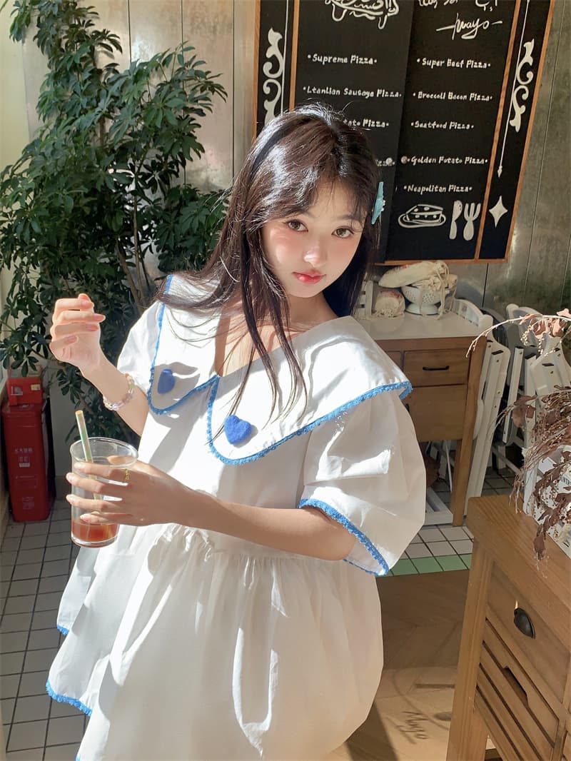 실사 새로운 한 부서 달콤함 연령 감소 베이비 칼라 패치워크 색상 레이스 3 차원 하트 루즈핏 드레스 이미지 3