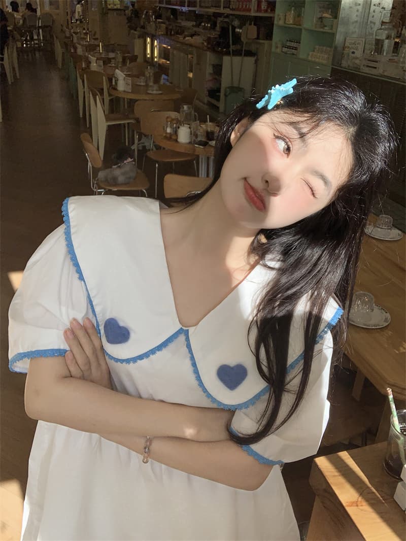 실사 새로운 한 부서 달콤함 연령 감소 베이비 칼라 패치워크 색상 레이스 3 차원 하트 루즈핏 드레스 이미지 4