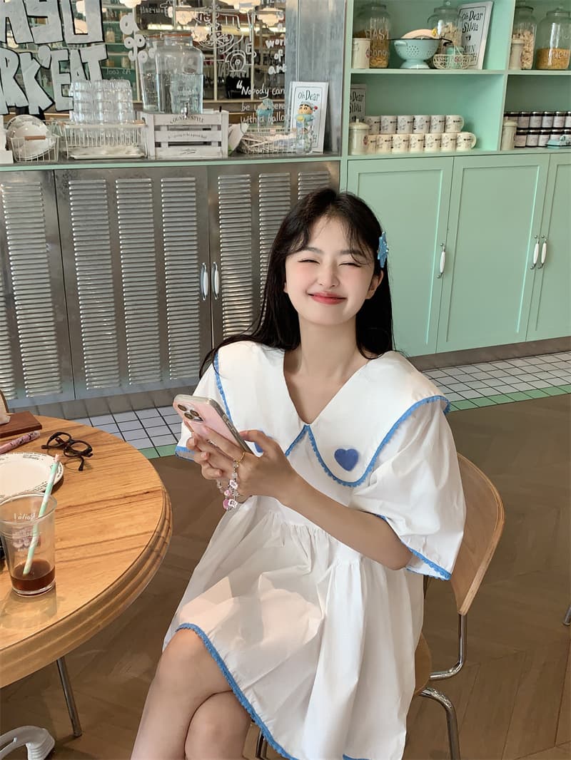 실사 새로운 한 부서 달콤함 연령 감소 베이비 칼라 패치워크 색상 레이스 3 차원 하트 루즈핏 드레스 상세 이미지 6