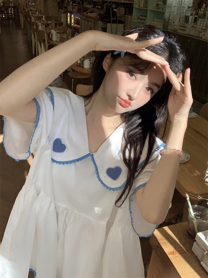 실사 새로운 한 부서 달콤함 연령 감소 베이비 칼라 패치워크 색상 레이스 3 차원 하트 루즈핏 드레스 상세 이미지 7