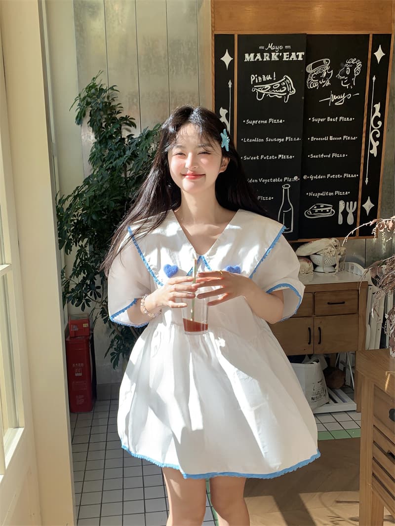 실사 새로운 한 부서 달콤함 연령 감소 베이비 칼라 패치워크 색상 레이스 3 차원 하트 루즈핏 드레스 상세 이미지 17