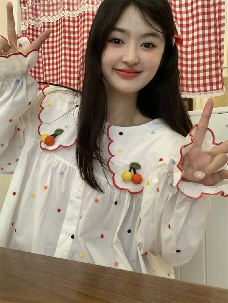 실사 새로운 한 부서 달콤함 연령 감소 무거운 작업 색상 포인트 자수 3 차원 체리 루즈핏 긴팔 셔츠 이미지 3