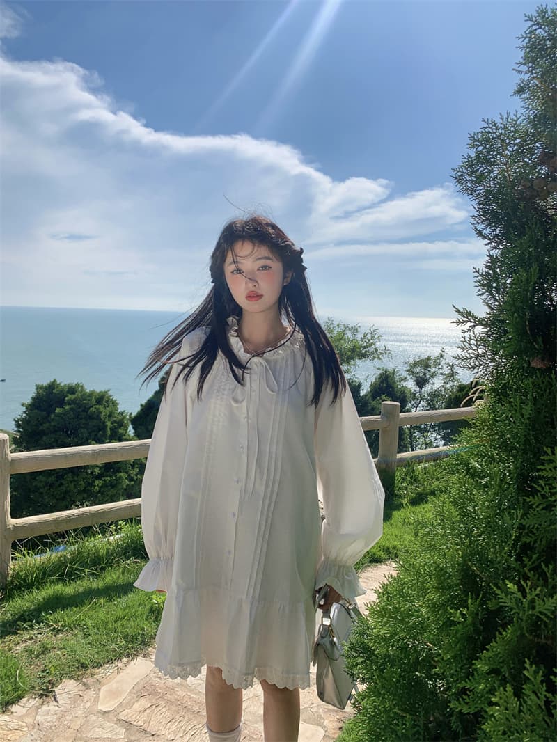 실사 새로운 한 부서 달콤함 마이너스 무거운 작업 플리츠 레이스 레이스업 루즈핏 긴팔 셔츠 드레스 상세 이미지 1